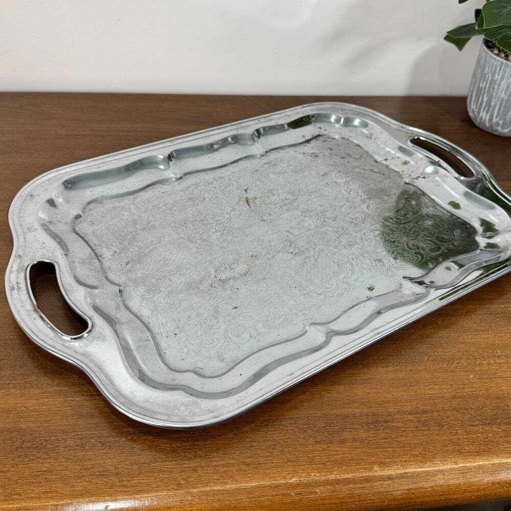 Vintage Irvinware Engraved Chrome Serving Tray Art Deco Silver Made in USA